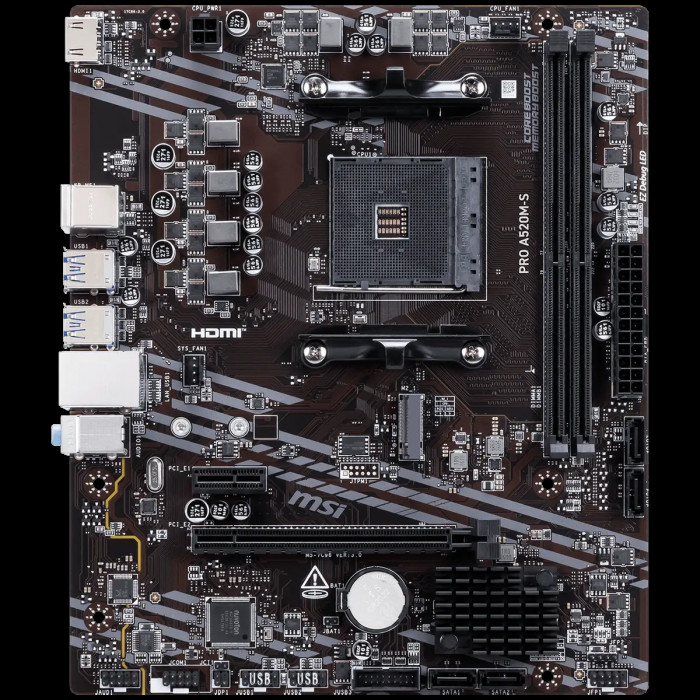 Материнская плата MSI PRO A520M-S A520M, AM4, 2*DDR4, 1*PCIEx16, 1*PCIEx1, 1*M.2, 2*TypeC, 2*USB3.2Gen2, 6*USB3.2Gen1, 6*USB2.0, 4*SATA3.0, 1G, HDMI, M-ATX, RTL