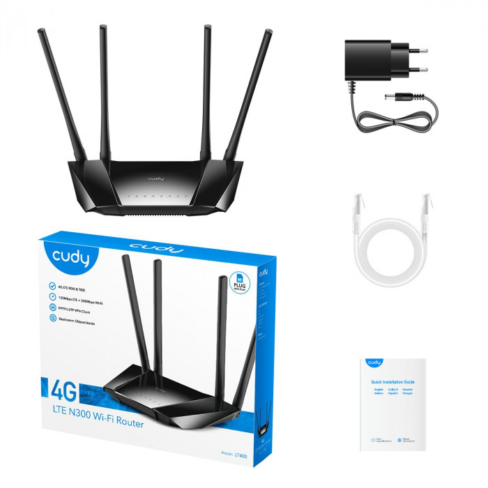 Модем CUDY N300 Wi-Fi 4G LTE Cat4  Router, 300Mbps Wi-Fi, Chipset MediaTek, 802.11b/g/n, 4 Fixed antennas, 4 10/100M RJ45 Ports, Nano SIM Slot, PPTP/L2TP/OpenVPN/WireGuard VPN Client, DNS over Cloudflare/Google/Quad9, DDNS,  Band locking, TTL Setting， TR0