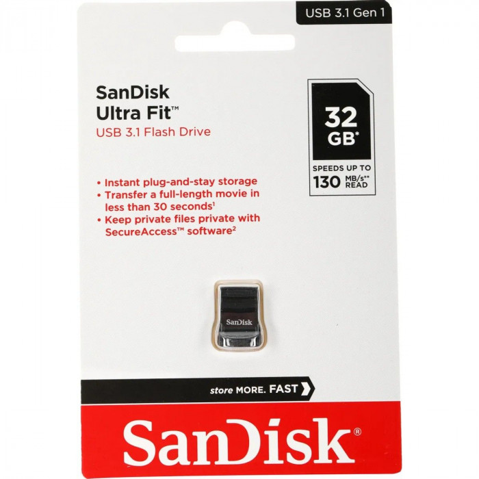 USB накопитель SanDisk Ultra Fit 32GB, USB 3.1 - Small Form Factor Plug & Stay Hi-Speed USB Drive