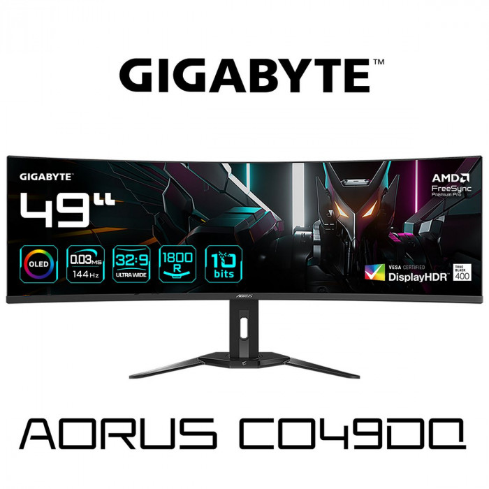 Монитор 49' Gigabyte AORUS CO49DQ-EK Gaming monitor Black (OLED, 5120x1440, HDMI+HDMI+DP+Type C, 0.03 ms, 178°/178°, 250 cd/m, 1500000:1, 2xUSB3.2, 144Hz, Curved) (20VM0-CO49DQBT-1EKR)