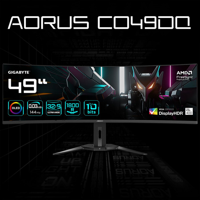 Монитор 49' Gigabyte AORUS CO49DQ-EK Gaming monitor Black (OLED, 5120x1440, HDMI+HDMI+DP+Type C, 0.03 ms, 178°/178°, 250 cd/m, 1500000:1, 2xUSB3.2, 144Hz, Curved) (20VM0-CO49DQBT-1EKR)