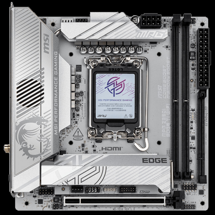 Материнская плата MSI MPG Z890I EDGE TI WIFI Z890, LGA1851, 4*DDR5, 2*PCIEx16, 1*PCIEx1, 5*M.2, 2*TypeC, 4*USB3.2Gen2, 6*USB3.2Gen1, 5*USB2.0, 4*SATA3.0, 5G, 2*Type-C(DP), HDMI, ATX, RTL