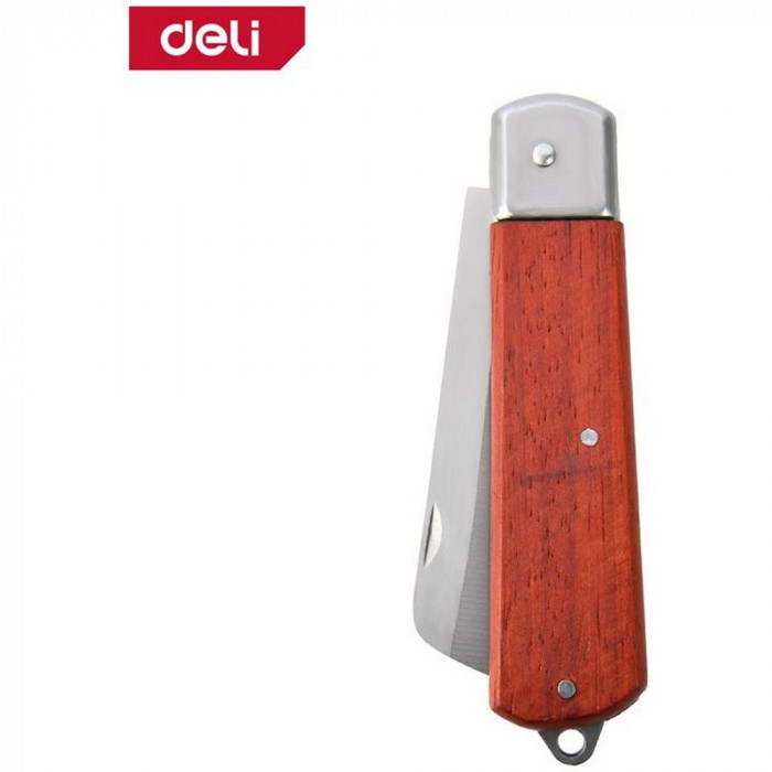 Нож электрика прямой складной Deli DL0070 длина 200мм, нержавеющая сталь, деревянная рукоять