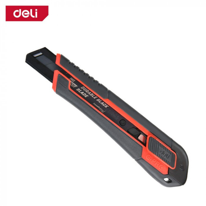 Технический нож Deli DL018G 18мм, полностью прорезиненный ударопрочный корпус, автоматическая блокировка