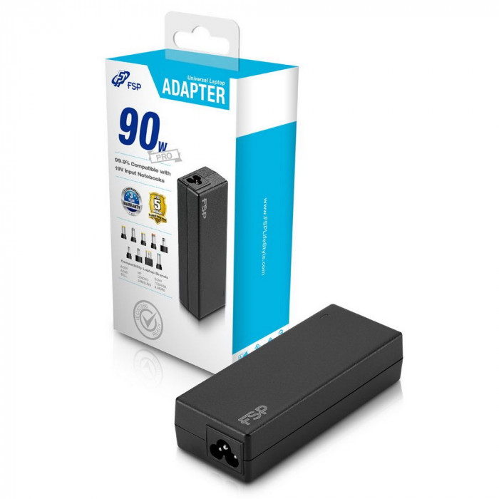 Адаптер питания FSP NB PRO 90W (FSP090-DBBN3) AC-DC 90W Adapter, Вход C6 (для ноутбучного кабеля), Кабель 1500мм, Выход 19V, в комплекте 9 переходников. RETAIL