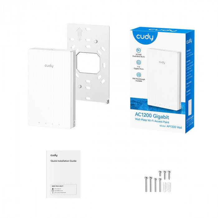 Точка доступа Wi-Fi CUDY AC1200 Gigabit Wall-Plate Access Point AC1200 Dual Band Gigabit Wall Plate Access Point,  MT7621DAN+MT7613B+MT7603E,  867Mbps at 5GHz + 300Mbps at 2.4GHz,  1 x Gigabit PoE-IN Port, 802.3af / at, 4 x Gigabit  RJ45 ports, LAN1 suppo