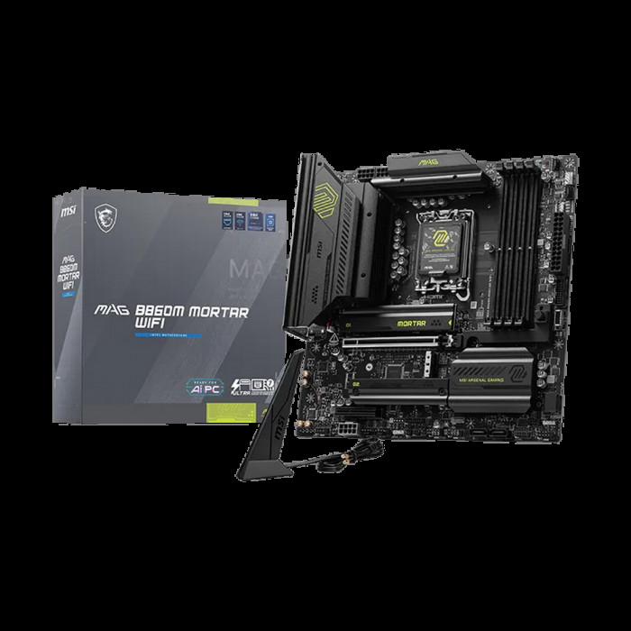 Материнская плата MSI MAG B860M MORTAR WIFI B860, LGA1851, 4*DDR5, 1*PCIEx16, 1*PCIEx4, 3*M.2, 2*TypeC, 3*USB3.2Gen2, 2*USB3.2 Gen1, 8*USB2.0, 4*SATA3.0, 5G, Type-C(DP), DP, HDMI, M-ATX, RTL