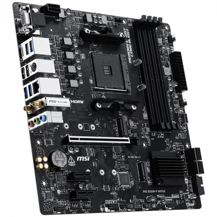 Материнская плата MSI PRO B550M-P WIFI6E B550, AM4, 4*DDR4, 1*PCIEx16, 2*PCIEx1, 2*M.2, 1*TypeC, 6*USB3.2Gen1, 6*USB2.0, 4*SATA3.0, 1G, VGA, DP, HDMI, ATX, RTL