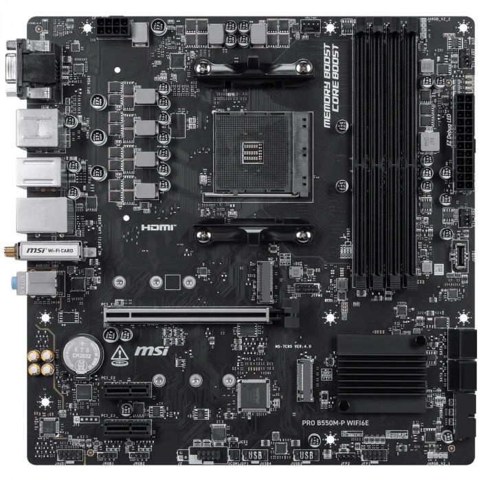 Материнская плата MSI PRO B550M-P WIFI6E B550, AM4, 4*DDR4, 1*PCIEx16, 2*PCIEx1, 2*M.2, 1*TypeC, 6*USB3.2Gen1, 6*USB2.0, 4*SATA3.0, 1G, VGA, DP, HDMI, ATX, RTL