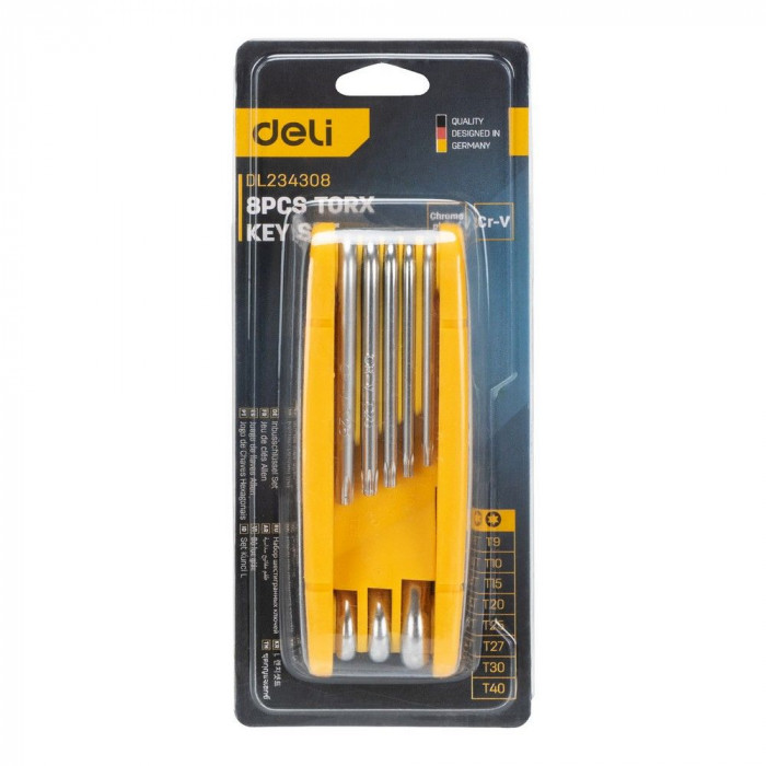 Набор складных шестигранных ключей 'TORX' Deli DL234308 размеры T9,T10,T15,T20,T25,T27,T30,T40, пластиковый держатель