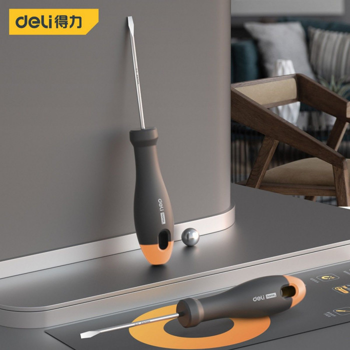 Шлицевая отвёртка 'Home Series Gray' Deli HT1103C 3x75мм  Эксклюзивный дизайн, рукоятка из высококачественного софттач пластика