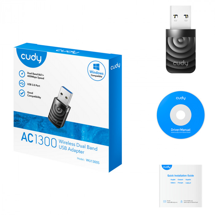 Адаптер беспроводной связи (Wi-Fi) CUDY AC1300 Wi-Fi USB 3.0 Adapter 1300Mbps High Gain Wi-Fi USB 3.0 Adapter, 802.11ac/a/b/g/n, 867Mbps at 5GHz + 400Mbps at 2.4GHz, USB 3.0