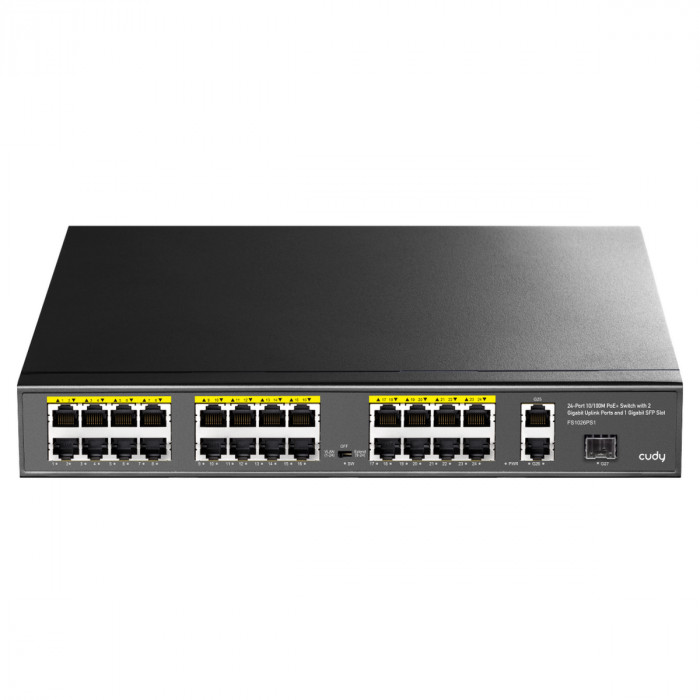 Коммутатор CUDY 24-Port 10/100M PoE+ Switch with 2 Gigabit Port+ 1SFP 300W 24-Port 10/100M PSE RJ-45 +2 Gigabit RJ- 45 +1SFP Port with 24 POE Ports Switch with Built-in power supply, support 16-port IEEE 802.3at PoE+ Injector, Rack-mountable Steel case, 3