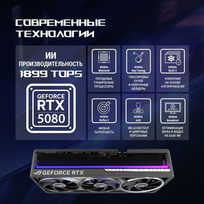 Видеокарта ASUS RTX5080 ROG ASTRAL OC 16GB GDDR7 256bit 3xDP 2xHDMI 3FAN RTL [ROG-ASTRAL-RTX5080-O16G-GAMING]