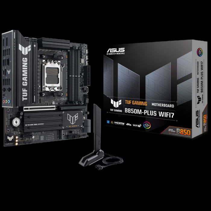 Материнская плата ASUS TUF GAMING B850M-PLUS WIFI7 AM5 mATX 4xDDR5 PCIEx16 PCIEx1 3xM.2 USB-C DP HDMI 2.5GLAN WiFi 7