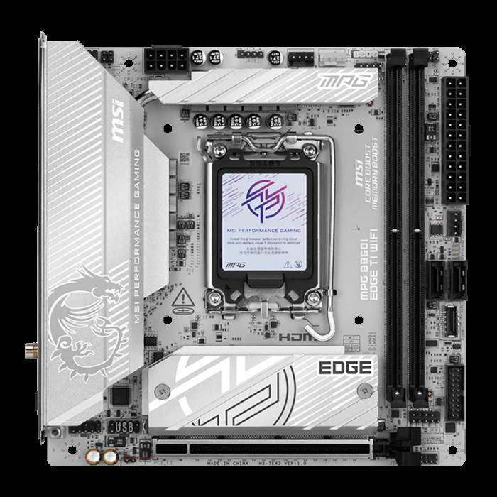 Материнская плата MSI MPG B860I EDGE TI WIFI B860, LGA1851, 2*DDR5, 1*PCIEx16, 2*M.2, 2*TypeC, 1*USB3.2Gen2, 6*USB3.2Gen1, 2*USB2.0, 2*SATA3.0, 2.5G, Type-C(DP), HDMI, ITX, RTL