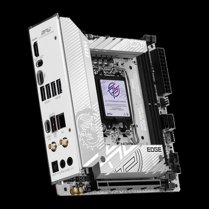 Материнская плата MSI MPG B860I EDGE TI WIFI B860, LGA1851, 2*DDR5, 1*PCIEx16, 2*M.2, 2*TypeC, 1*USB3.2Gen2, 6*USB3.2Gen1, 2*USB2.0, 2*SATA3.0, 2.5G, Type-C(DP), HDMI, ITX, RTL