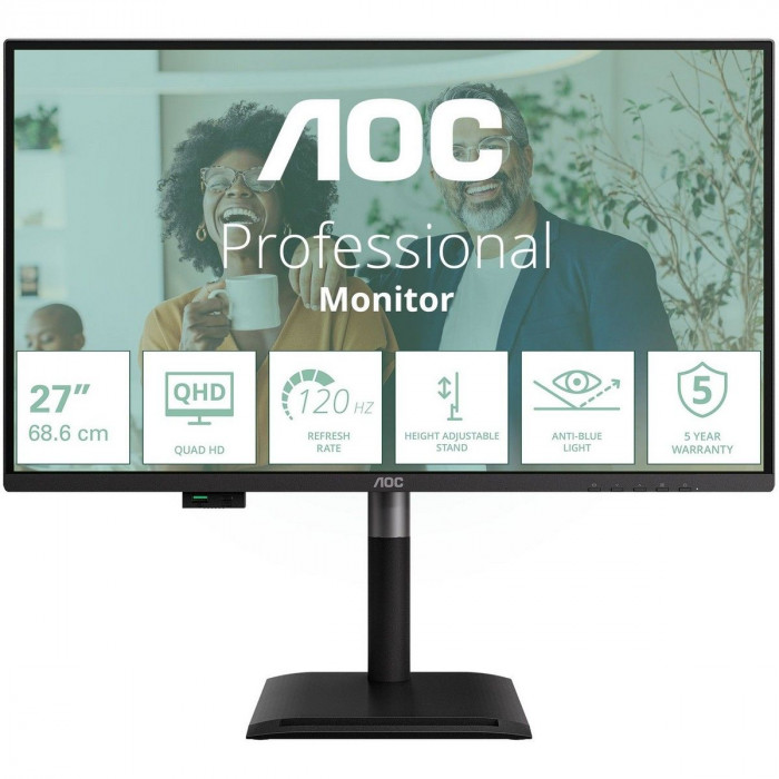 Монитор 27' AOC Q27P4CV   IPS, 2560x1440, 120Hz, 4ms, 350сd/m, 1500:1 | HDMI(2.0), DP(1.4), Type-C(PD-96W), 4xUSB 3.2, RJ45 | HAS, Pivot, Swivel, InPSU, Speakers, Vesa 100, Black