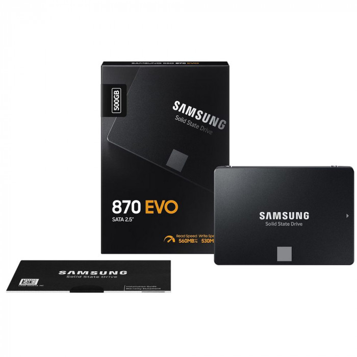 Твердотельный накопитель SSD Samsung 870 EVO MZ-77E500 500GB 2.5' Client SATA 6Gb/s, 560/530, MTBF 1.5M, 3D V-NAND TLC,  512MB, 300TBW, 0,33DWPD, RTL (545924)