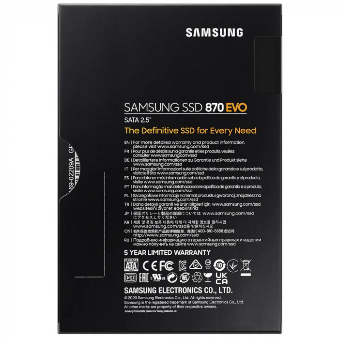 Твердотельный накопитель SSD Samsung 870 EVO MZ-77E500 500GB 2.5' Client SATA 6Gb/s, 560/530, MTBF 1.5M, 3D V-NAND TLC,  512MB, 300TBW, 0,33DWPD, RTL (545924)