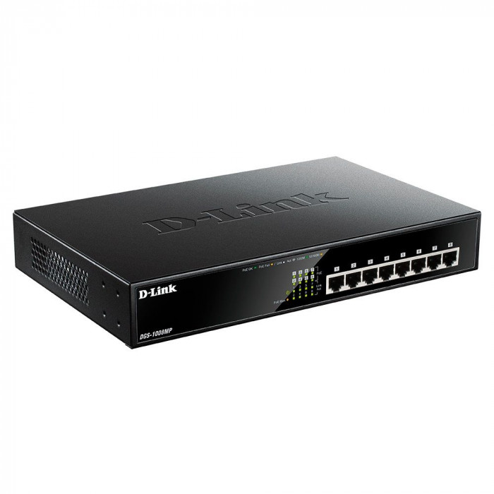 Коммутатор D-Link DGS-1008MP/B1A Неуправляемый коммутатор с 8 портами 10/100/1000Base-T с поддержкой PoE 802.3af/802.3at (30 Вт, PoE бюджет 140 Вт) и функцией энергосбережения {5} (439865)
