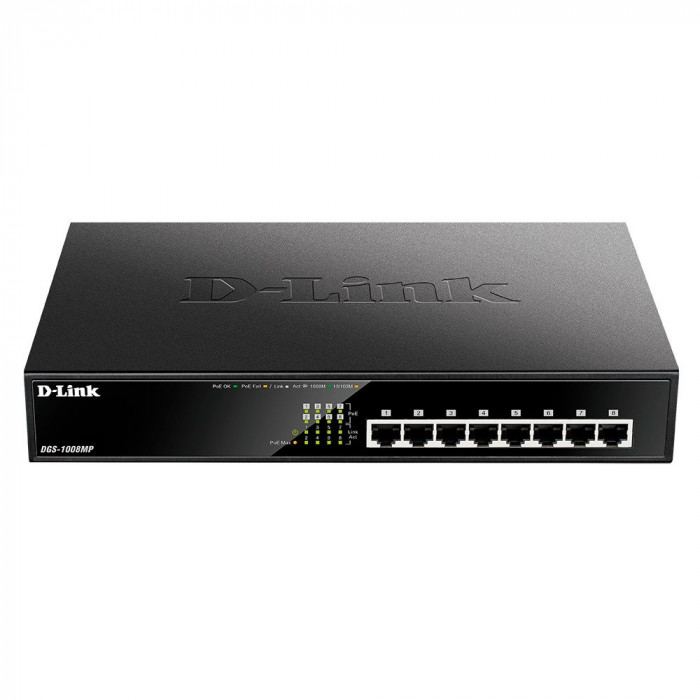 Коммутатор D-Link DGS-1008MP/B1A Неуправляемый коммутатор с 8 портами 10/100/1000Base-T с поддержкой PoE 802.3af/802.3at (30 Вт, PoE бюджет 140 Вт) и функцией энергосбережения {5} (439865)