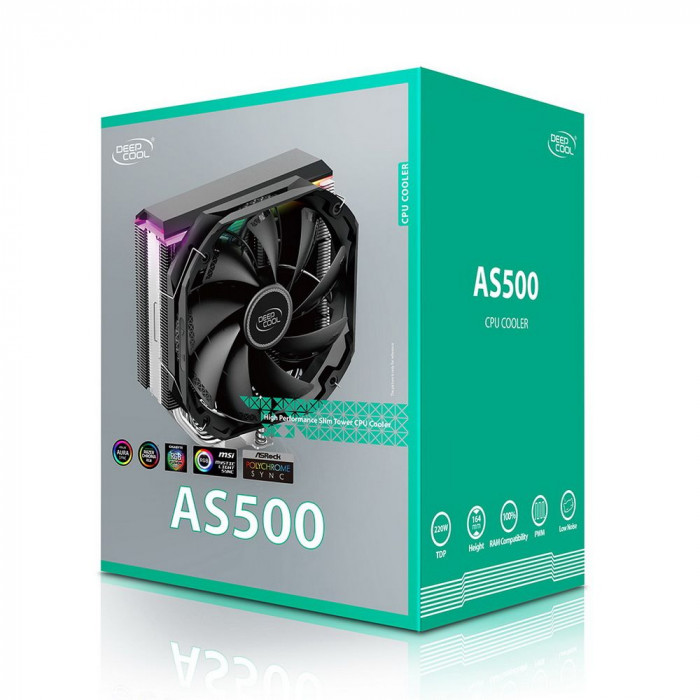 Вентилятор Deepcool AS500 RTL {8} (727064) (Height 164mm, 6mm x 5pcs, Fan 140mm, 500;1200RPM ±10%, < 29.2 dB(A), 4-pin PWM, TDP 220W, Screw, Socket AMD AM4, Intel LGA 2066/2011-v3/2011/1700/1200/115x)