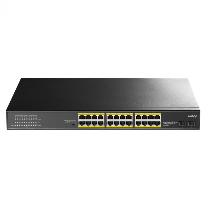 Коммутатор CUDY 24-Port Gigabit PoE+ Switch with 2 SFP ports 300W 24-10/100/1000 BASE-T Gigabit ports, 19-inch, 2-1000 BASE-X SFP Slot, 24-port IEEE 802.3at PoE+ Injector, Supports PoE power up to 30W for each PoE port,  CCTV Mode (Transmit distance up to