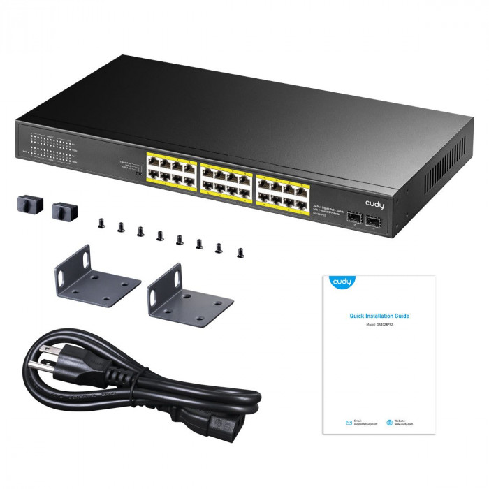 Коммутатор CUDY 24-Port Gigabit PoE+ Switch with 2 SFP ports 300W 24-10/100/1000 BASE-T Gigabit ports, 19-inch, 2-1000 BASE-X SFP Slot, 24-port IEEE 802.3at PoE+ Injector, Supports PoE power up to 30W for each PoE port,  CCTV Mode (Transmit distance up to