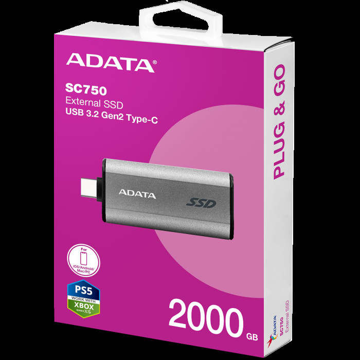 Твердотельный накопитель SSD ADATA 2TB SC750 SC750-2000G-CCBK USB 3.2 Gen 2 Type-C, 1050/1000