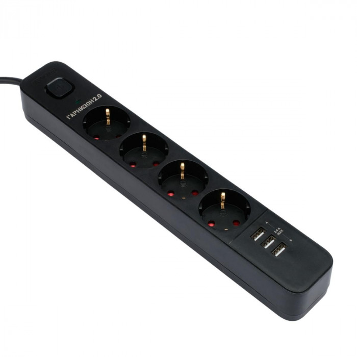 Сетевой фильтр Гарнизон EPS-4-U3-B-2 черный, 4 розетки 220В, 10А, 3 розетки USB-A 5В, кабель 2м, ур.защиты 2+, пакет