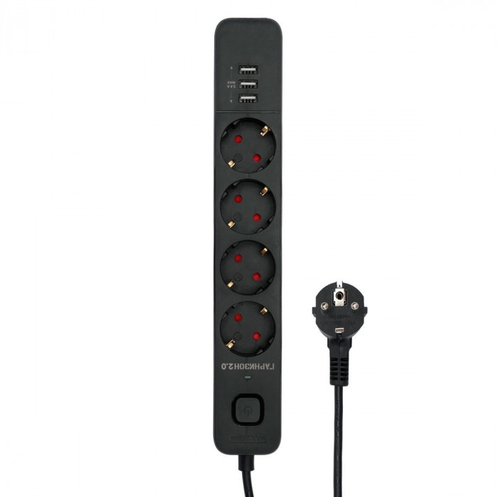 Сетевой фильтр Гарнизон EPS-4-U3-B-2 черный, 4 розетки 220В, 10А, 3 розетки USB-A 5В, кабель 2м, ур.защиты 2+, пакет