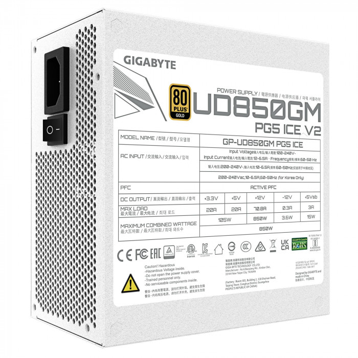 Блок питания ПК Gigabyte UD850GM PG5 ICE 850W, 80Plus, Gold, Полностью модульный, White colour
