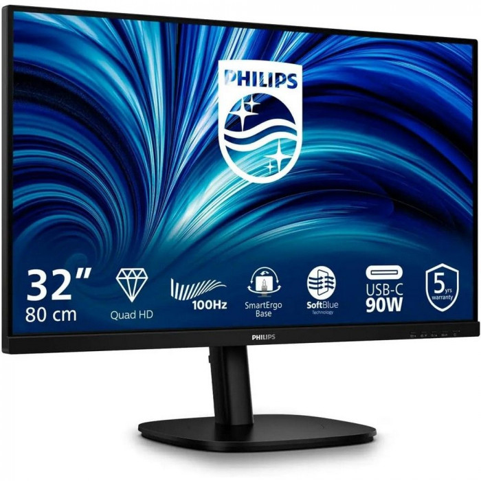 Монитор 31.5' PHILIPS 32B2U3601 Black (IPS, 2560x1440, HDMI(2,0)+DP(1,4), USB-Hub,USB-C(PD90W) LAN(RJ-45) 4 ms, 178°/178°, 350 cd/m, 1500:1, 100Hz, Swivel, Pivot, InPSU, Speakers)