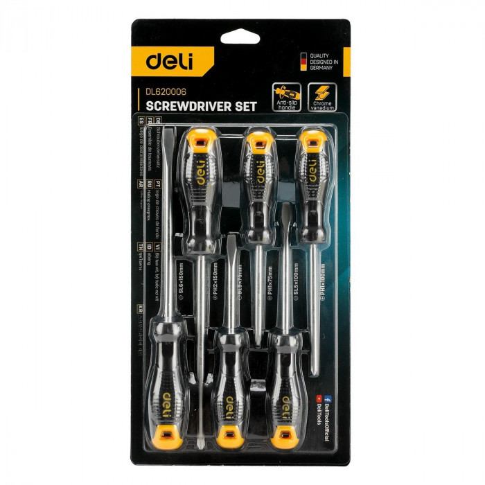Набор отверток Deli DL620006 6шт SL5x75 + SL5x100 + SL6x150 + PH1x75 + PH1x100 + PH2x150