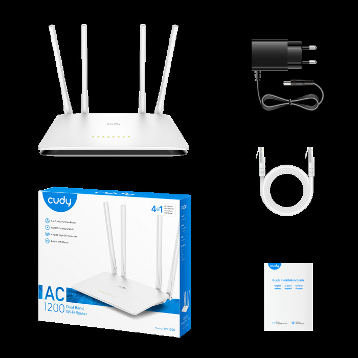 Маршрутизатор CUDY AC1200 Wi-Fi Router Dual Band, Chipset MediaTek, 802.11ac/a/b/g/n, 867Mbps at 5GHz + 300Mbps at 2.4GHz, 5 × 10/100Mbps Ports, WiFi router/AP/ Repeater/WISP Mode,4  5dBi fixed antennas, WPA3, Guest network, WPS, DDNS, VPN Client, IPv6,TR