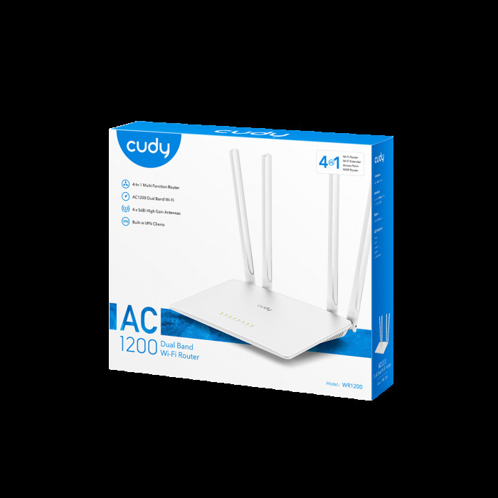 Маршрутизатор CUDY AC1200 Wi-Fi Router Dual Band, Chipset MediaTek, 802.11ac/a/b/g/n, 867Mbps at 5GHz + 300Mbps at 2.4GHz, 5 × 10/100Mbps Ports, WiFi router/AP/ Repeater/WISP Mode,4  5dBi fixed antennas, WPA3, Guest network, WPS, DDNS, VPN Client, IPv6,TR