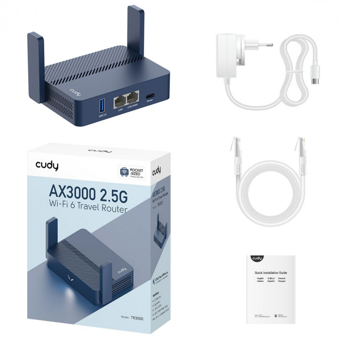 Маршрутизатор CUDY AX3000 2 5G Wi-Fi 6 Router with USB, Dual-Band, 2.5G WAN+GE LAN, 802.11ax/ac/a/b/g/n,  2402Mbps at 5GHz + 574Mbps at 2.4GHz, 1 USB3.0,  MU-MIMO, DDNS, Zerotier/Wireguard/OpenVPN/IPSec/L2TP/PPTP VPN, Zerotier, DNS over Cloudflare/Google/
