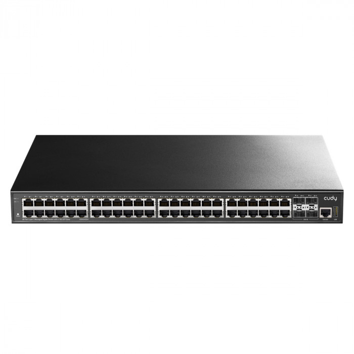 Коммутатор CUDY 48-Port Layer 3 Managed Gigabit Switch with 4 10G SFP Slots 48-Port Layer 3 Managed Gigabit Switch,48 Gigabit Ethernet ports + 4 10 Gigabit uplink SFP optical ports + 1 USB serial port + 1 console port, backplane bandwidth 176Gbps, three-l