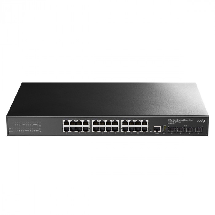 Коммутатор CUDY  GS5024S4  24-Port Layer 3 Managed Gigabit Switch with 4 10G SFP Slots 24-Port Layer 3 Managed Gigabit Switch,24 Gigabit Ethernet ports + 4 10 Gigabit uplink SFP optical ports + 1 USB serial port + 1 Console port, backplane bandwidth 128Gb