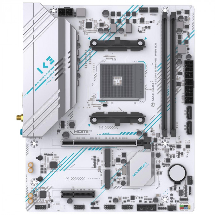 Материнская плата Maxsun MS-B550M GAMING WIFI ICE B550, AM4, 2*DDR4, 1*PCIEx16, 1*PCIEx4, 1*PCIEx1, 2*M.2, 4*USB3.2Gen1, 6*USB2.0, 2*SATA3.0, 1G, DP, HDMI, M-ATX, RTL