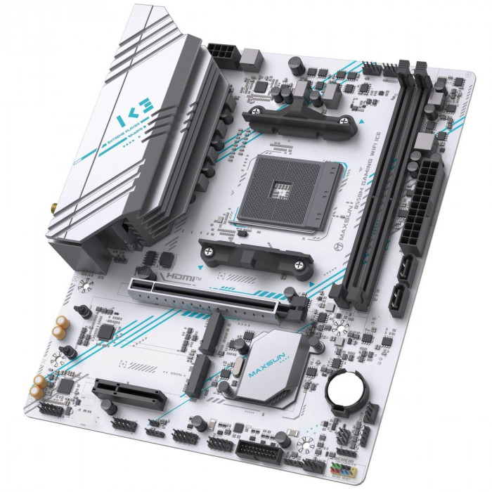 Материнская плата Maxsun MS-B550M GAMING WIFI ICE B550, AM4, 2*DDR4, 1*PCIEx16, 1*PCIEx4, 1*PCIEx1, 2*M.2, 4*USB3.2Gen1, 6*USB2.0, 2*SATA3.0, 1G, DP, HDMI, M-ATX, RTL