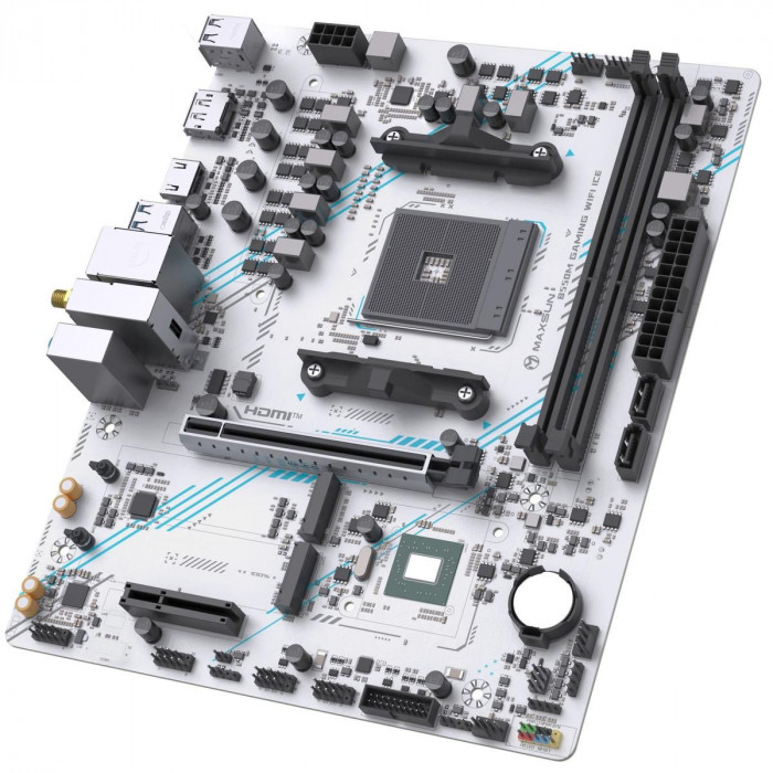 Материнская плата Maxsun MS-B550M GAMING WIFI ICE B550, AM4, 2*DDR4, 1*PCIEx16, 1*PCIEx4, 1*PCIEx1, 2*M.2, 4*USB3.2Gen1, 6*USB2.0, 2*SATA3.0, 1G, DP, HDMI, M-ATX, RTL