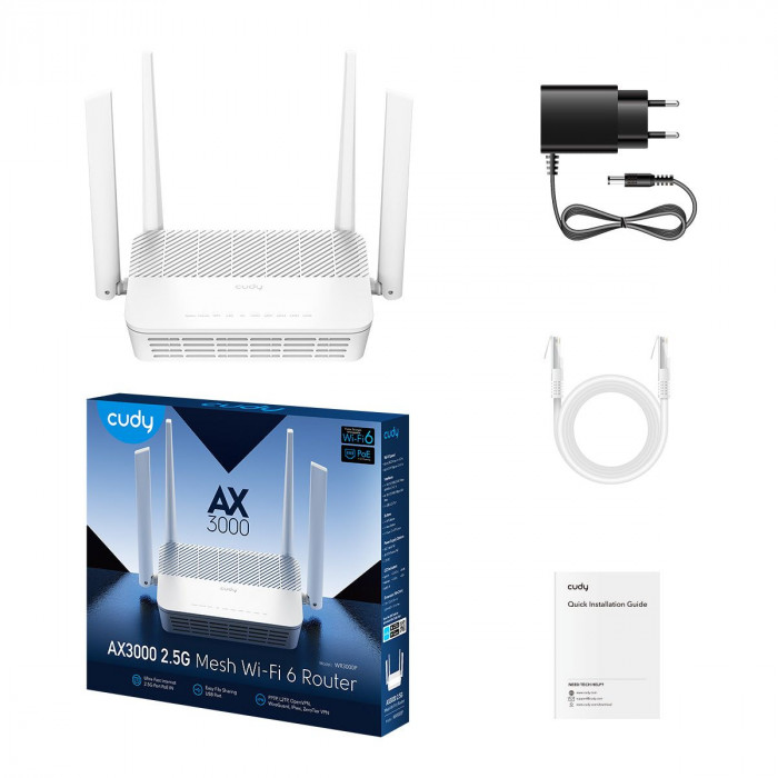 Маршрутизатор CUDY AX3000 2 5G Wi-Fi 6 Mesh PoE Router Dual Band, Chipset MT7981BA+MT7976CN+MT7531AE+RTL8221B, 802.11ax/ac/a/b/g/n, 2402Mbps at 5GHz + 574Mbps at 2.4GHz, 1 x 2.5G Port(PoE-IN,802.3at/af or Passive PoE), 4 x 10/100/1000Mbps Ports, 4 x 5dBi 