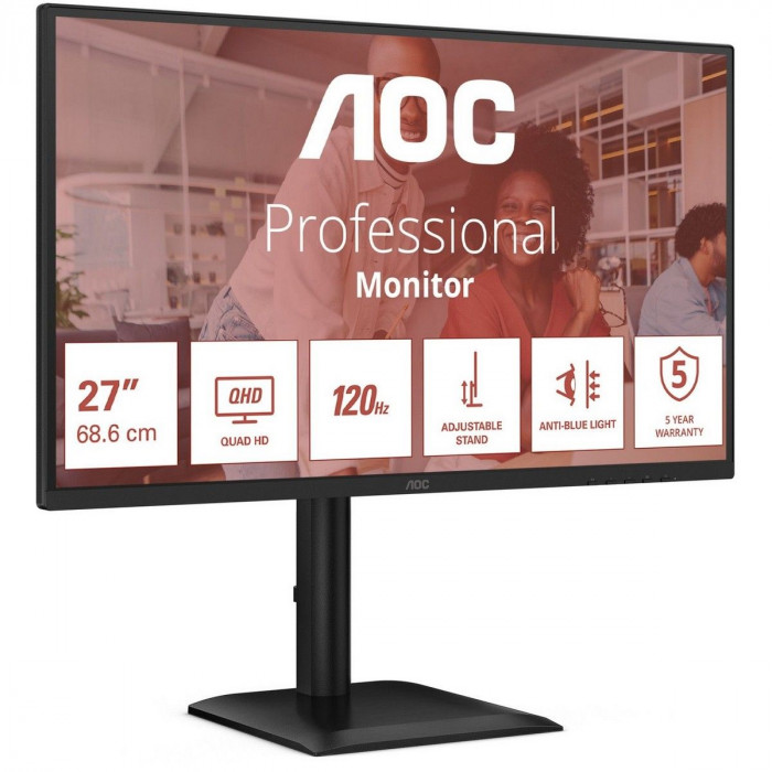 Монитор 27' AOC Q27E4CV  IPS, 2560x1440, 120Hz, 4ms, 350сd/m, 1500:1 | HDMI(2.0), DP(1.4), Type-C(PD-90W), 4xUSB 3.2, RJ45 | HAS, Pivot, Swivel, InPSU, Speakers, Vesa 100, Black