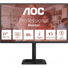 Монитор 27' AOC Q27E4CV  IPS, 2560x1440, 120Hz, 4ms, 350сd/m, 1500:1 | HDMI(2.0), DP(1.4), Type-C(PD-90W), 4xUSB 3.2, RJ45 | HAS, Pivot, Swivel, InPSU, Speakers, Vesa 100, Black
