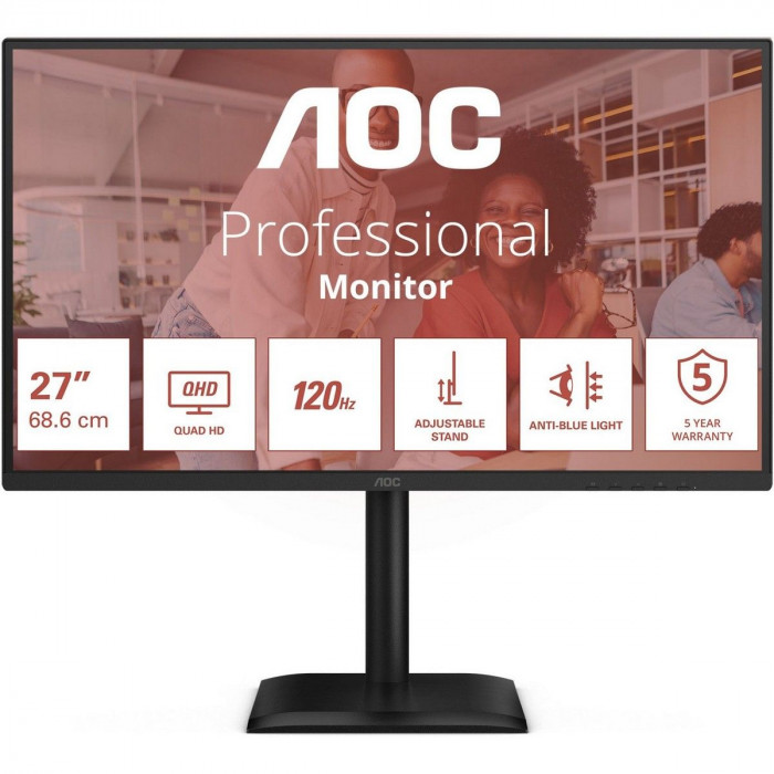 Монитор 27' AOC Q27E4CV  IPS, 2560x1440, 120Hz, 4ms, 350сd/m, 1500:1 | HDMI(2.0), DP(1.4), Type-C(PD-90W), 4xUSB 3.2, RJ45 | HAS, Pivot, Swivel, InPSU, Speakers, Vesa 100, Black