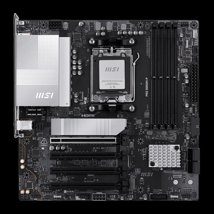 Материнская плата MSI PRO B850M-P B850, AM5, 4*DDR5, 4*PCIEx16, 3*M.2, 2*TypeC, 1*USB3.2Gen2, 6*USB3.2Gen1, 8*USB2.0, 4*SATA3.0, 5G, DP, HDMI, M-ATX, RTL