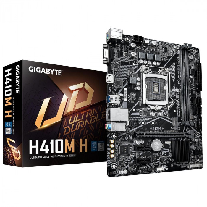 Материнская плата Gigabyte H410M H 2.0 H410, LGA1200, 2xDDR4, 1*PCI-Ex16, 2*PCI-Ex1, 1*M.2, 1*TypeC, 3*USB3.2Gen1, 6*USB2.0, 4*SATA3.0, 1G, VGA, HDMI, MATX, RTL