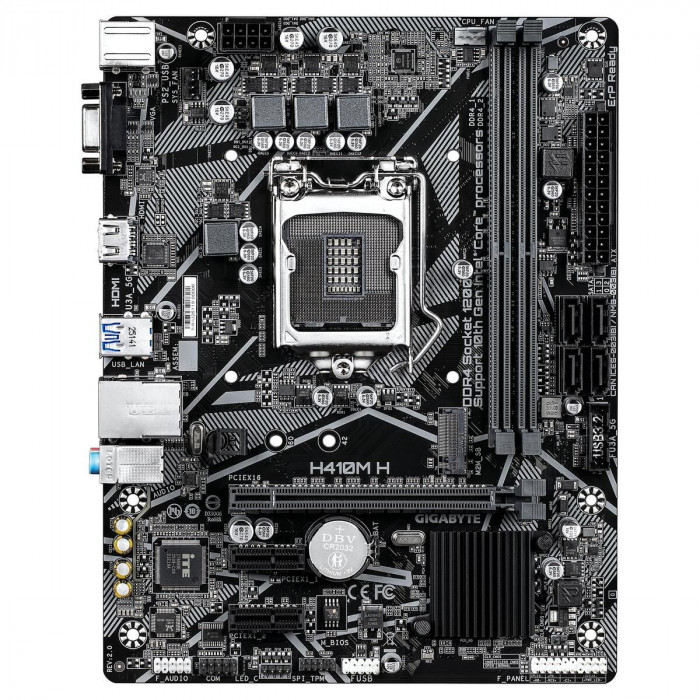 Материнская плата Gigabyte H410M H 2.0 H410, LGA1200, 2xDDR4, 1*PCI-Ex16, 2*PCI-Ex1, 1*M.2, 1*TypeC, 3*USB3.2Gen1, 6*USB2.0, 4*SATA3.0, 1G, VGA, HDMI, MATX, RTL